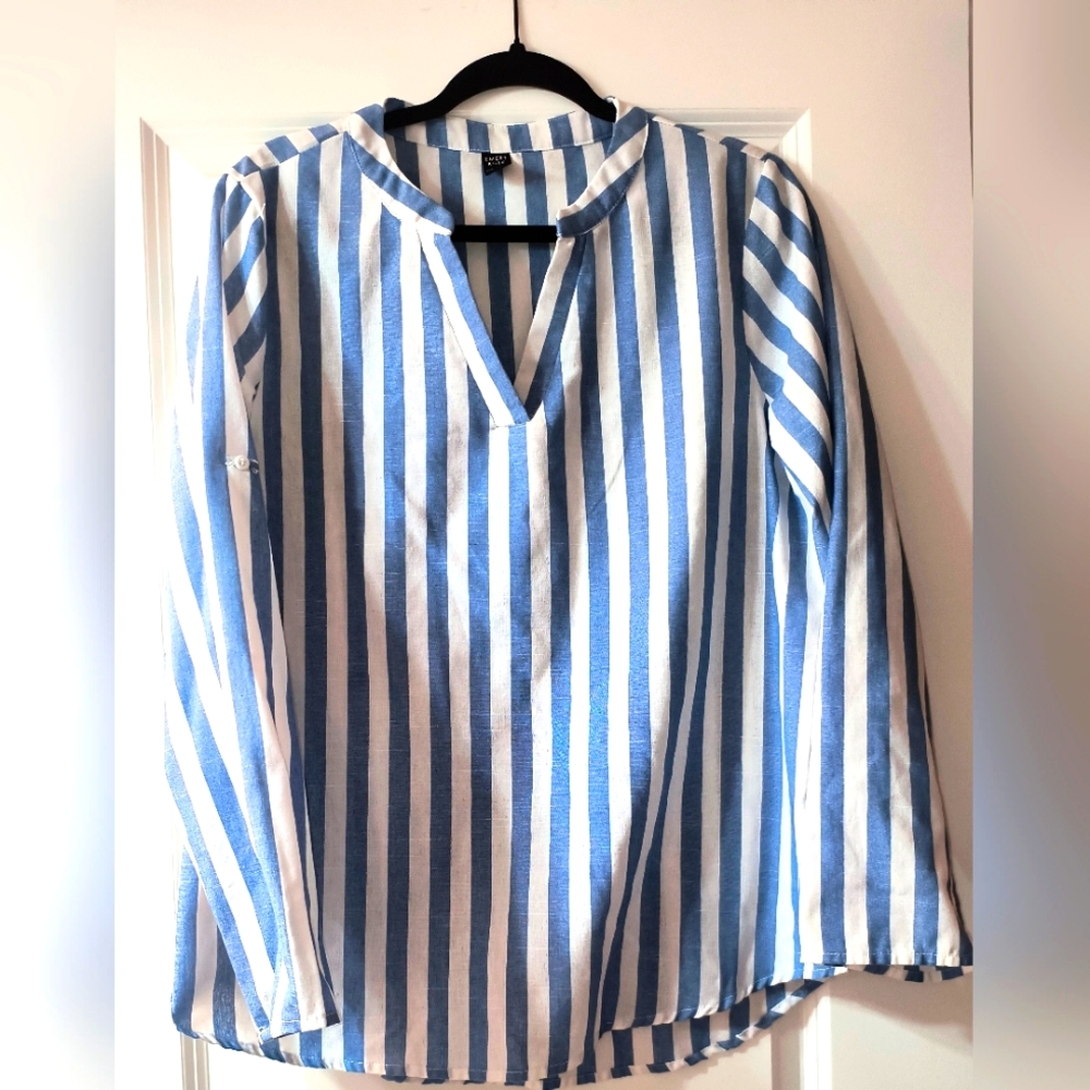 Emery Rose Blue & White Striped Roll-Tab Sleeve Tunic | Size Large